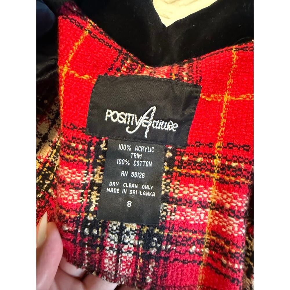 Positive Attitude Red Tartan Plaid Cropped Blazer Velvet Collar Clueless Size 8 - Picture 9 of 11